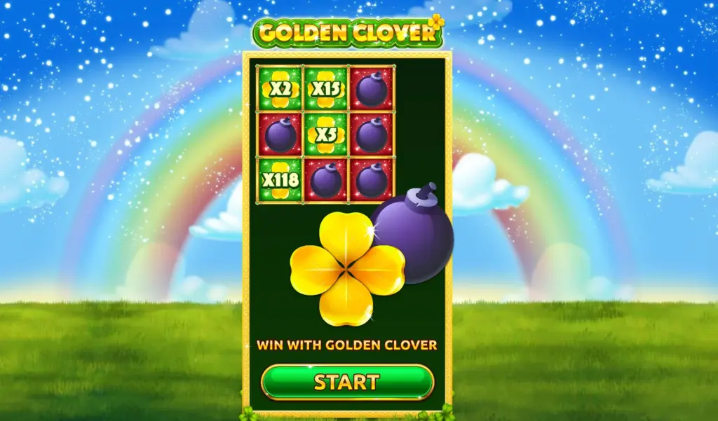 Gameplay of Golden Clover showing the 3x3 grid with hidden clover symbols and bombs.